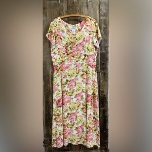 Vintage 90s floral Clues linen blend button down midi dress, sz. 12 large